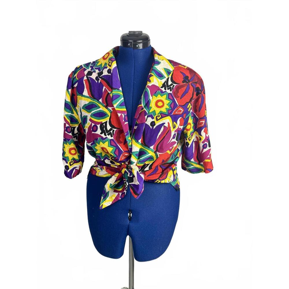 Vintage Doncaster Silks Floral Shirt Silk Bold Abstract Bright Statement Top